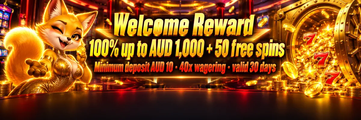 Golden fox mascot presenting a bright welcome reward inside a dark neon casino with yellow and orange lighting